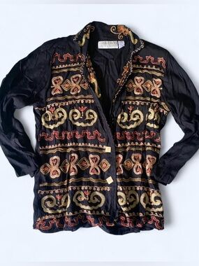 Vintage Passports Pier 1 Imports Embroidered Rayon Blouse Jacket Black Gold L